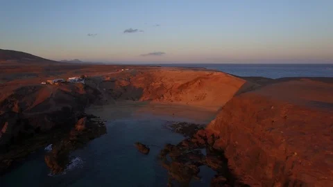 Aerial Sunset view on Playa De Papayago Beach, Lanzarote, Canary Islands, Spain Stock Footage 123470905