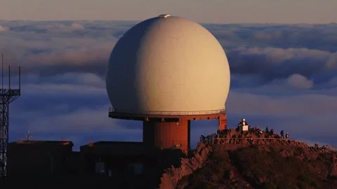 Aerial sunset view of radar dome at Pico do Arieiro, Madeira Stock Footage 323447246