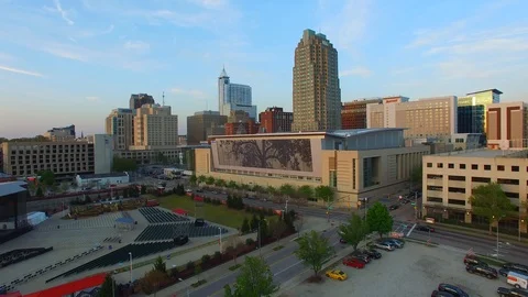 Aerial: Sunset view of Raleigh, N.C. Convention Center Stock Footage