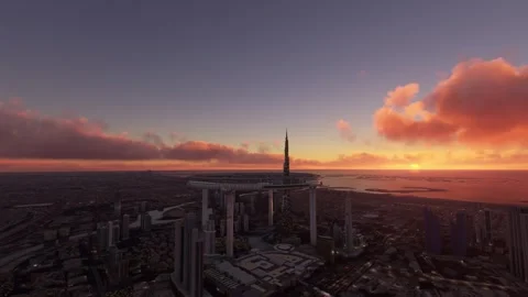 Aerial sunset view of the ring and skyscrapers of the futuristic city in Dubai Video stock 248205339