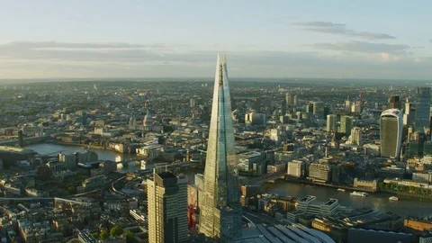 Aerial sunset view The Shard River Thames London Stock Footage