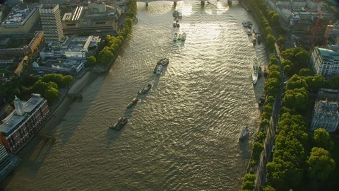 Aerial sunset view sunlight on River Thames London Stock Footage 83871516