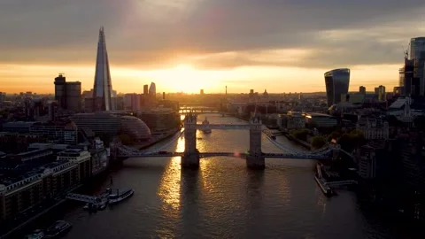 Aerial sunset view of the Tower Bridge in London Stock Footage 193989856