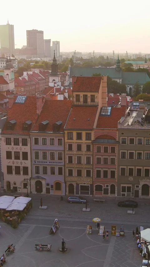 Aerial sunset view of Warsaw's Old Town Market Place Stock Footage 302853751