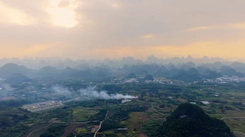 Aerial Sunset View of Yangmeiling Karst Mountains in Yangshuo, Guilin, China Video stock 326116863