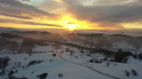 Aerial Sunset In the Winter Stock Footage 233707177