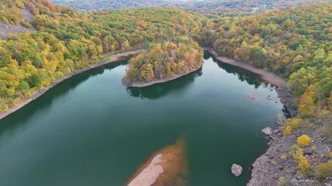 Aerial super slow motion view of a forested island surrounded by calm... Stock Footage 319884182