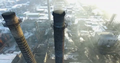 Aerial survey factory chimneys Stock Footage