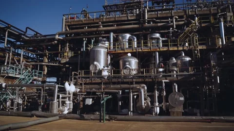 Aerial survey of a petrochemical enterprise, an oil refinery Stock Footage