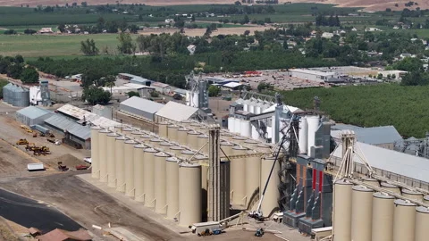 Aerial Sutter California rice elevator solar panels 2 4K Stock Footage 249645693