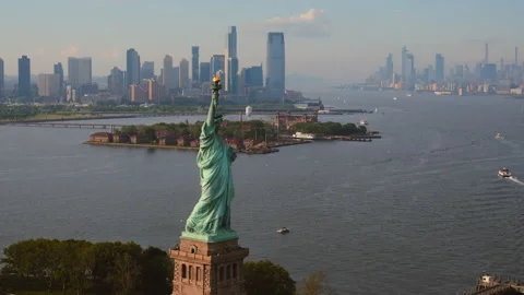 Aerial of a Symbol of West Values Statue of Liberty, New York. Famous Landmark Stock Footage 201335537