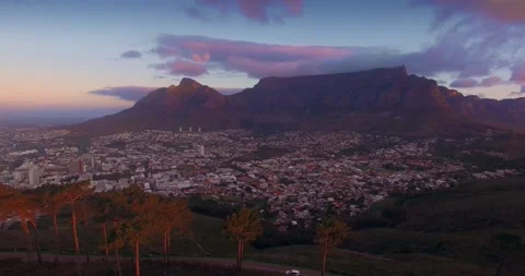 Aerial: Table Mountain at sunset. Cape Town, South Africa. 30 August 2020 Stock Footage 159052649