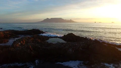 Aerial of Table Mountain at Sunset Stock Footage 79745293