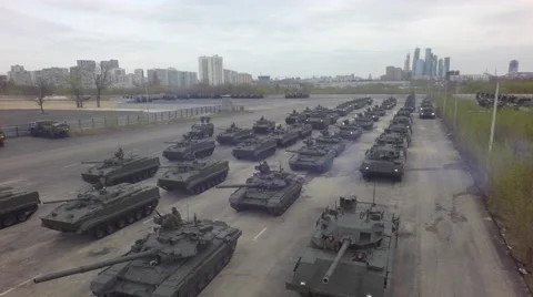 Aerial tanks Russian army games by copter drone Stock Footage