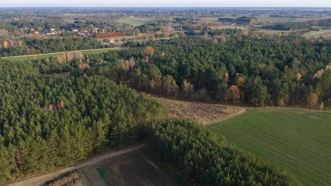 Aerial temperate forest and patchwork farmland with S shaped boundary Stock Photos