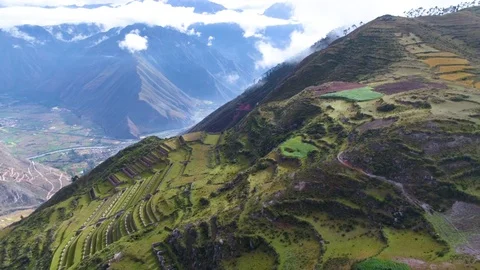 Aerial of terraced fields on the mountain slope 스톡 동영상 79679520