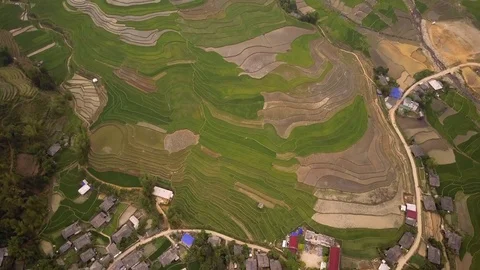 Aerial of Terraced Rice Fields in Mu Cang Chai, Yen bai, Vietnam Stock Footage 76891533