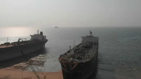 Aerial Of Three Large Beached Ships At Gadani Shipyard. Parallax View Stock Footage 167205186