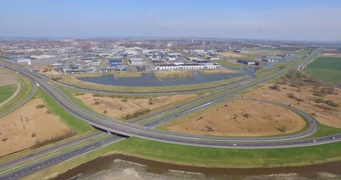 Aerial: Threeway interchange and highways near Goes, the Netherlands. Stock Footage 105209014