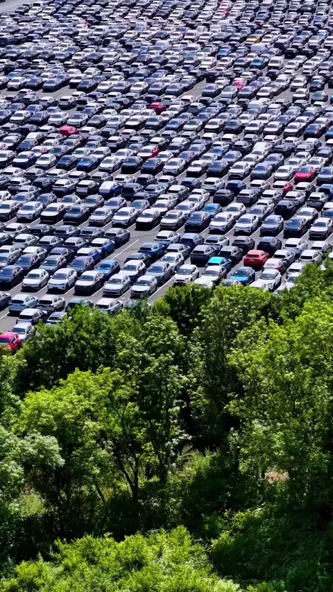 Aerial Tilt Up Over Thousands of Export Cars at Port of Bordeaux Stock Footage 346575291