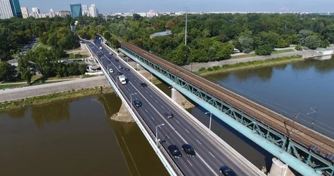Aerial Tilting Down Towards Bridge With Traffic Stock Footage 93341623