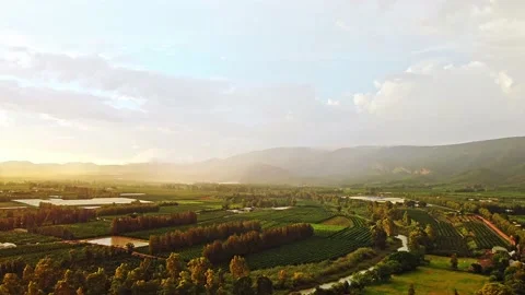 Aerial time-lapse of approaching rain over citrus farms between mountains Stock Footage 233735444