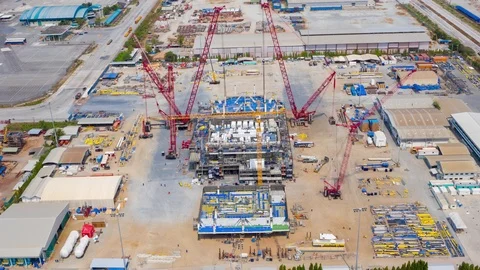 Aerial Time lapse. The construction site at the beginning of industrial building Video stock 125889096
