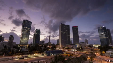 Aerial Time lapse day to night of tel aviv skyline, Israel Stock Footage 220100527