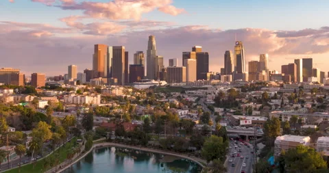 Aerial time lapse of downtown Los Angeles California at golden hour sunset Stock Footage 254756079