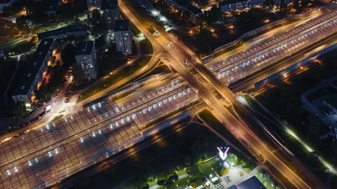 Aerial time lapse drone hyperlapse road junction city highway roadway night shot Stock Footage 194044982