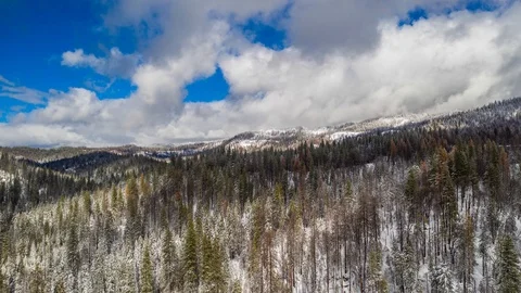 Aerial time lapse with fast moving clouds in snowy forest landscape. Hyperlapse. Video stock 102812516