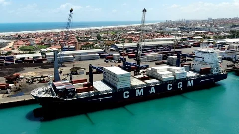 Aerial time lapse of loading operations on container ship Stock Footage 121156350