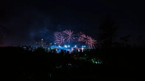 Aerial Time Lapse Lockdown Shot Of Fireworks Exploding In Modern City At Night - Stock Footage 282319425