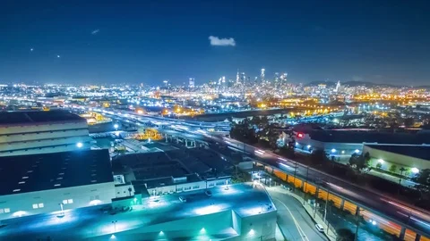 Aerial time lapse in motion (hyperlapse) of downtown LA skyline at night. Video stock 77453757