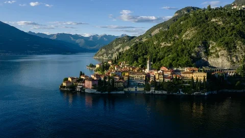 Aerial Time Lapse In Motion Or Hyperlapse Of Lake Como, Varenna City, Italy Video stock 117610529