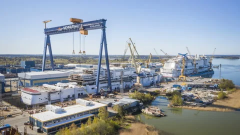 Aerial time lapse of ongoing construction in the Meyer Turku ship yard. Stock Footage 134977808