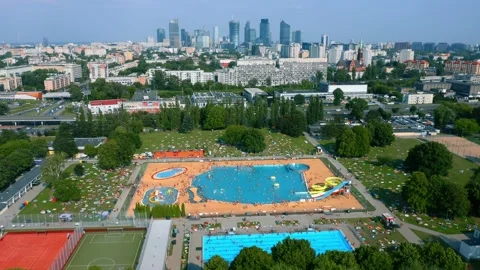 Aerial time-lapse open air swimming pool in city of Warsaw Poland on summer day Stock Footage 201760216