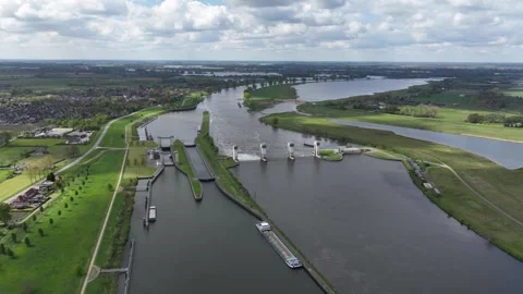 Aerial time lapse or hyperlaspe of Hydroelectric power station Alphen aan de Stock Footage 273728197