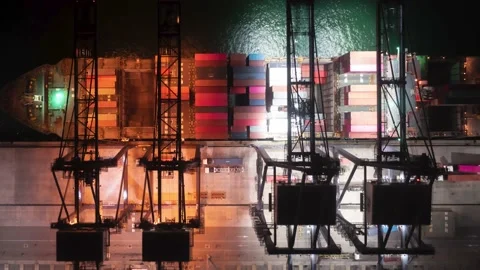 Aerial Time lapse of over container cargo ship at import-export port prepare to  Video stock 218376403