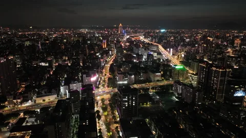 Aerial time lapse over glowing city of Taiwan with digital lines Stock Footage 213496545