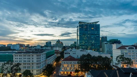 Aerial time lapse of Saigon District One at Sunset. Famous touristic quarter Stock Footage 115957647