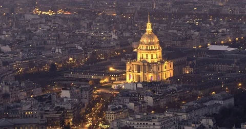 Aerial time lapse view of the Hotel des Invalides in Paris at night Stock Footage 71157946