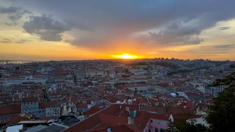 Aerial time lapse view of Lisbon cityscape, budlings with red roofs in Port.. Stock Footage 301734211