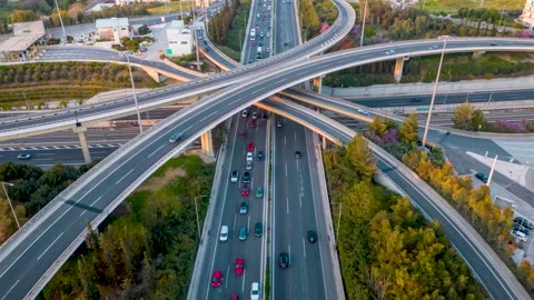 Aerial time lapse view of multilevel junction highway road interchange section 스톡 동영상 264157150