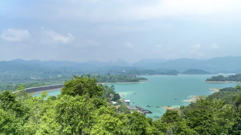 Aerial time lapse view of the Ratchaprapha dam Stock Footage 182941666