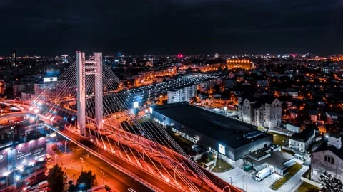 Aerial timelapse of Basarab bridge overpass Bucharest at night while lightning Stock Footage 131235772