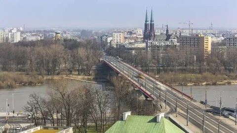 Aerial timelapse of bridge over the Wisla river in Warsaw, Poland Video stock 79813574