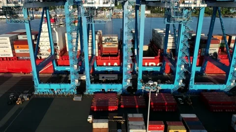 Aerial Timelapse of Cargo Ship Unloading Stock Footage 197530054