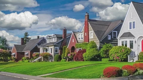 Aerial Timelapse of Clouds Panning Over American Suburban Neighborhood Stock Footage 327986165