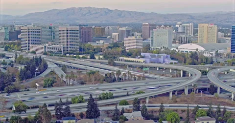 Aerial of timelapse congested freeway traffic at rush hour in silicon valley Stock Footage 68551995